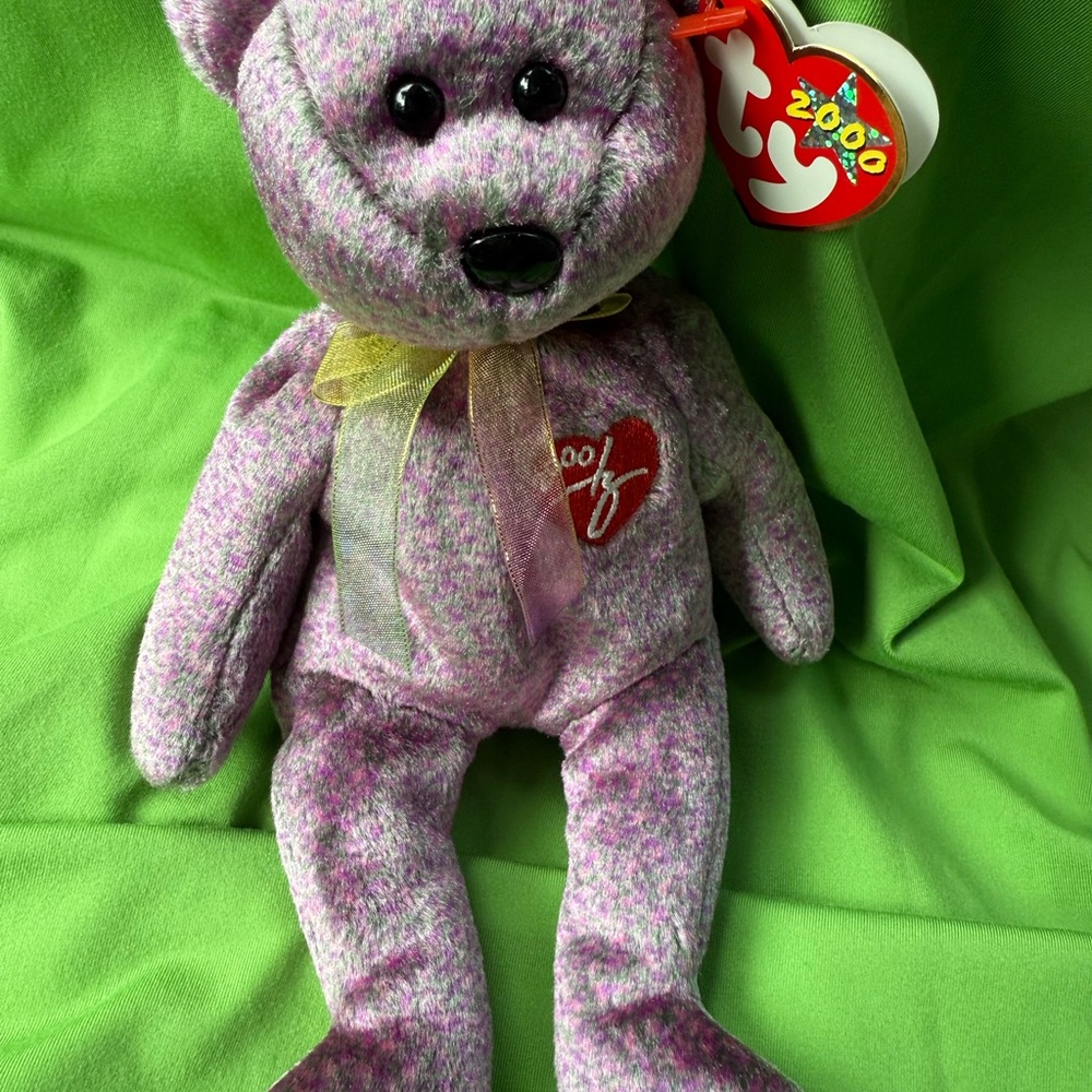 VINTAGE TY PURPLE 2000 Teddy Bear with Gold Bow
